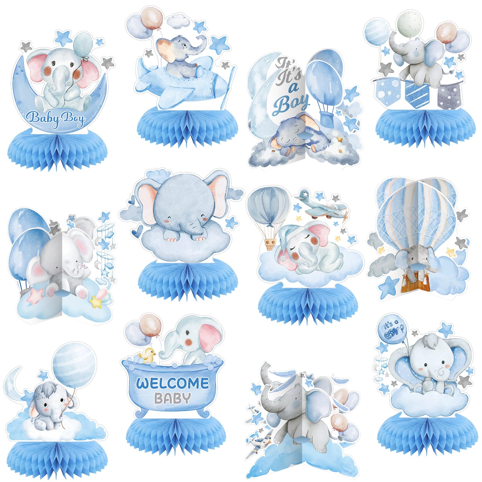Moinchore 12 Pcs Blue Baby Shower Decorations Elephant Honeycomb Table Centerpieces Balloons Star Moon Elephant Table Topper Decoration for Gender Reveal Birthday Party Favors Supplies