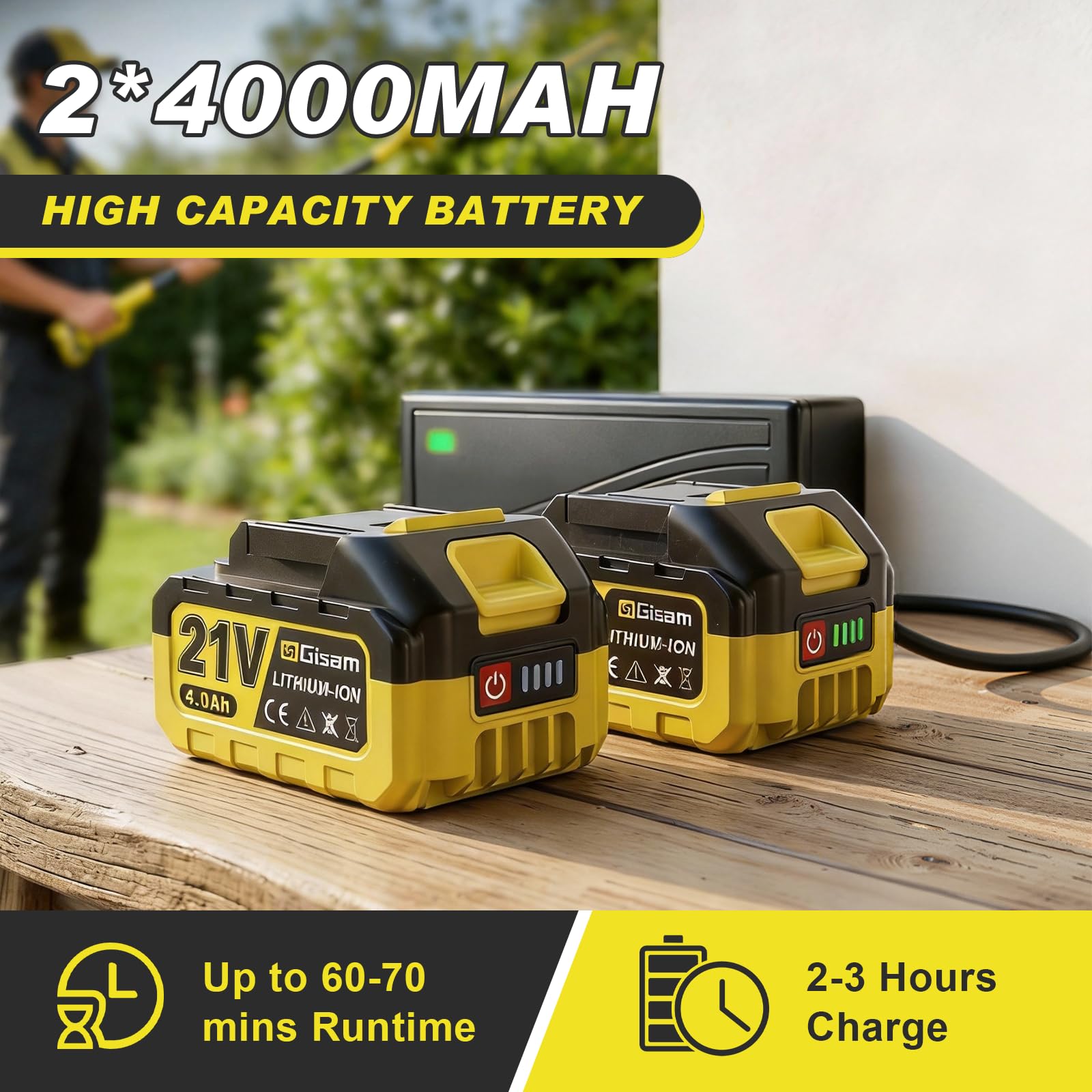 4 en 1 Cortasetos a batería Podador Altura para Makita 18V, con 2×4.0Ah baterías, extensión 4,55 m, Cuchillas 406 mm & 152 mm, Cabeza Corte giratoria 180°, como cortaarbustos y cortacésped (Amarillo)