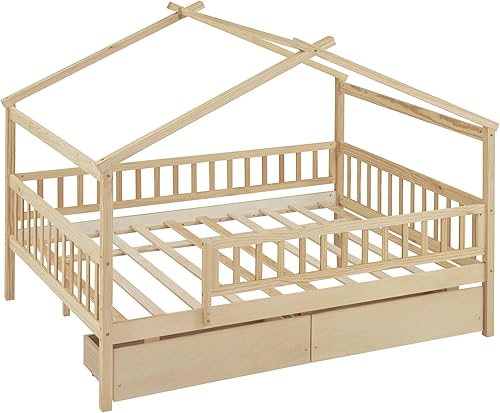 Miniatura 264 de Cama de casa de tamaño individual con 2 cajones, marco de cama de madera y barandilla de seguridad. Ahorra espacio, ideal para el dormitorio de un