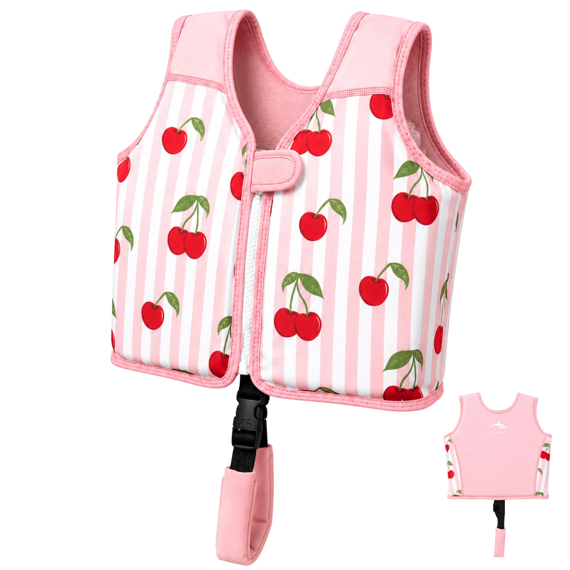 Konfidence e-Flex Swim Vest – Premium Swim Jacket made from Recycled Plastics for Kids, Babies & Toddlers aged 1-6yrs, with Safety Strap (Very Cherries, 1-3 Years)