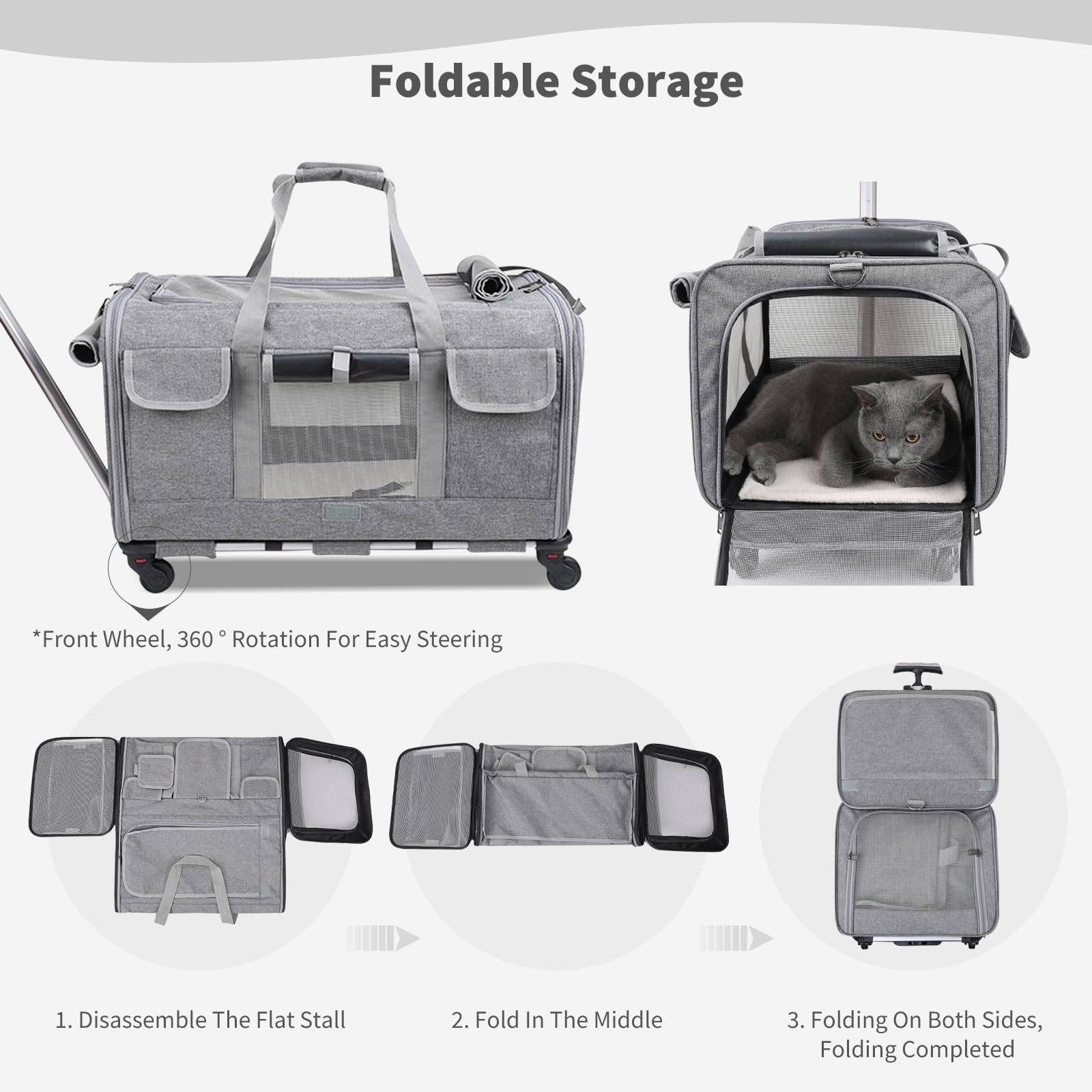 PETCUTE Trasportino per Gatti Cani con Ruote,Borsa da Viaggio Portatile per Animali Domestici con Manico Telescopico,Traspirante Pieghevole Trasportino per Cani con Cintura di Sicurezza Integrata