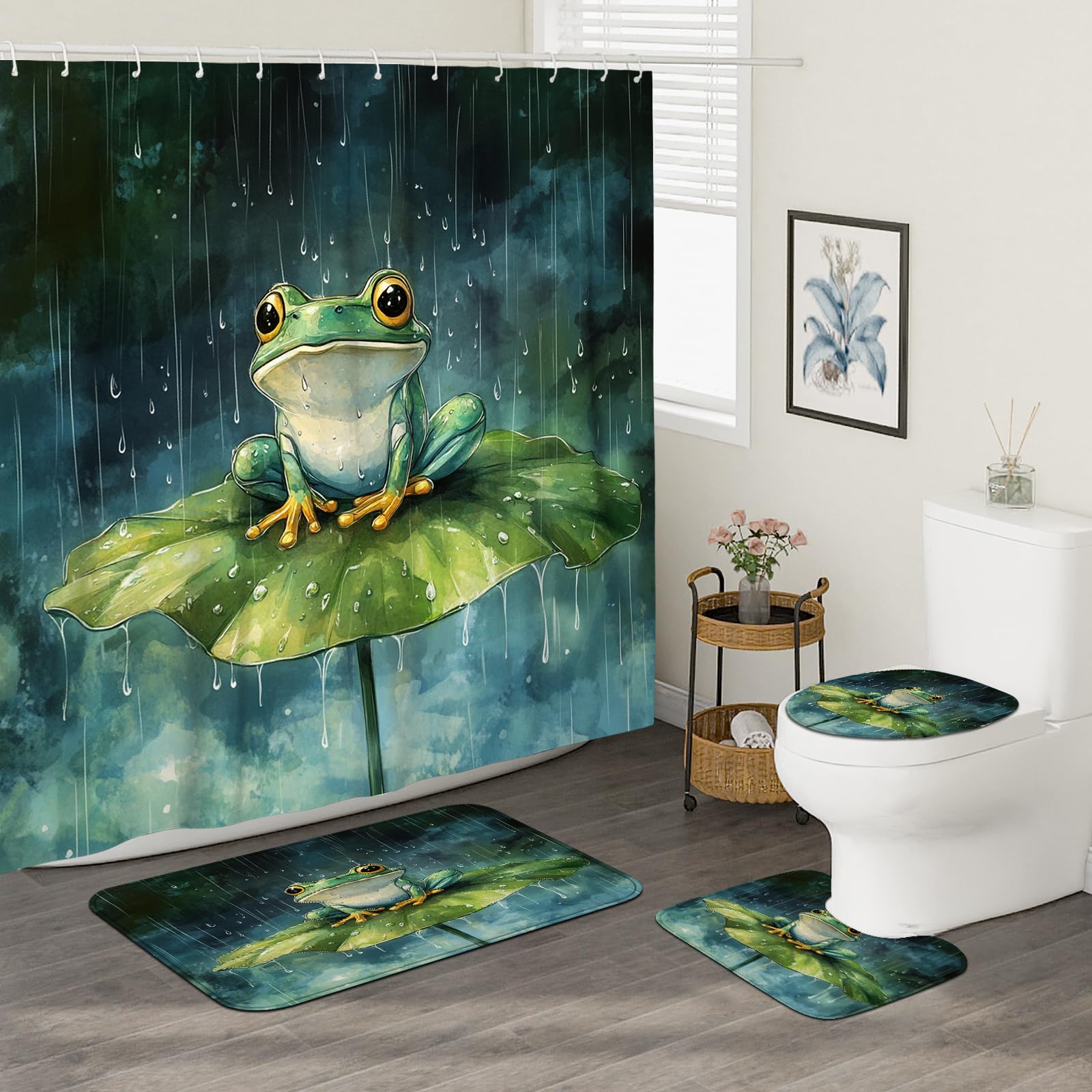 4PCS Vintage Cute Frogs Bathroom Accessory Sets with Non-Slip Rug, U Shape and Toilet Lid Cover Mat, Pond Lotuses Leaf Kid Bathroom Fabric Decor-72''x72''
