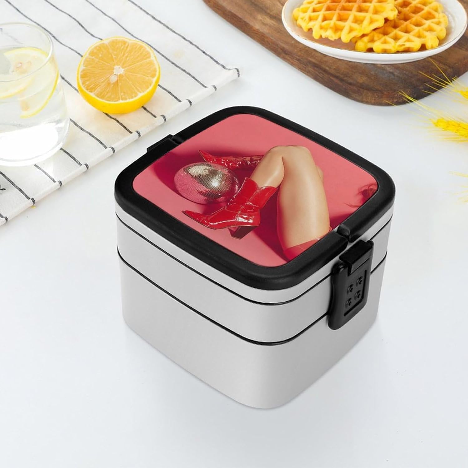 Boot Disco Ball Print Bento Box with Spoon 2 Layer Food Container Cute Lunch Box for Travel Dining Work