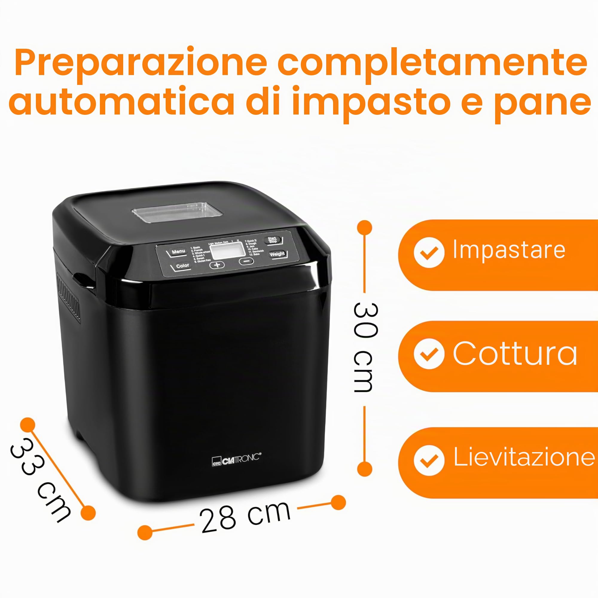 Macchina per il pane Clatronic® | preparazione automatica e funzione di mantenimento in caldo | macchina da forno con timer | facile da usare tramite display | 12 programmi di cottura | BBA 3774