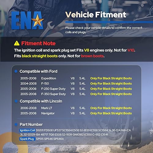 Miniatura 3 de ENA 8 Ignition Coil Pack and Iridium Spark Plug Set 2005-2008 Compatible with Ford Expedition Explorer F150 F250 F350 F450 F550 Super Duty Navigator