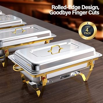Chafing Dish Buffet Set 4 Pack 8 QT, Stainless Steel Gold Rectangular Buffet Servers and Warmers,Chafers for Catering,Foldable Frame Legs, Food Warmer for Parties, Buffets, Banquet, Catering Events