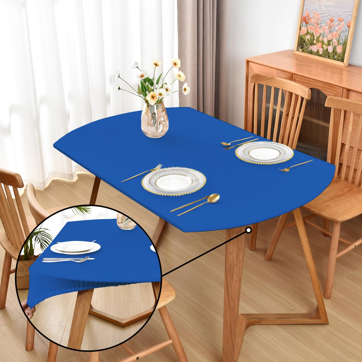 Amonsa Oval Royal Blue Fitted Tablecloth with Elastic 42x60 inch for Oval Tables Washable Stretchy Spandex Fabric Table Cover Cloth Not Vinyl Table Protector — image 1