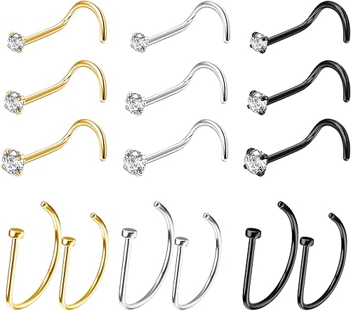 THUNARAZ Anillos de nariz de 20G para mujeres y hombres, acero inoxidable 316L CZ D en forma de anillos de nariz joyería