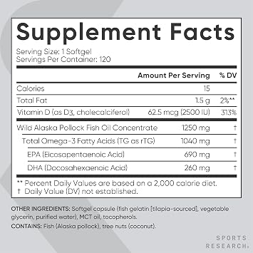 Sports Research Triple Strength 1040mg Omega-3 from Wild Alaska Pollock with Vitamin D3 2500iu | 2-in-1 Vitamin D & Omega DHA Fish Oil Supplement Supporting Heart Health - 120 Softgels