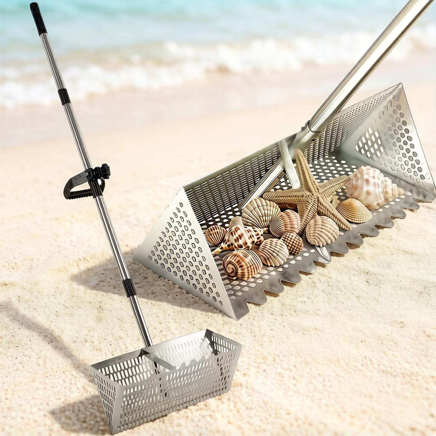 Rastrillo de pulgas de arena para playa, pala y tamiz de arena de acero inoxidable, rastrillo de dientes de tiburón extra grande de 16 pulgadas de ancho con mango desmontable de 55 pulgadas de largo
