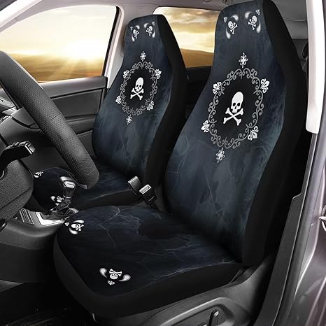 Bulopur Cute Black Gray Skull Set of 2 Car Seat Covers Universal Auto Front Seats Protector Fits for Car,SUV Sedan,Truck