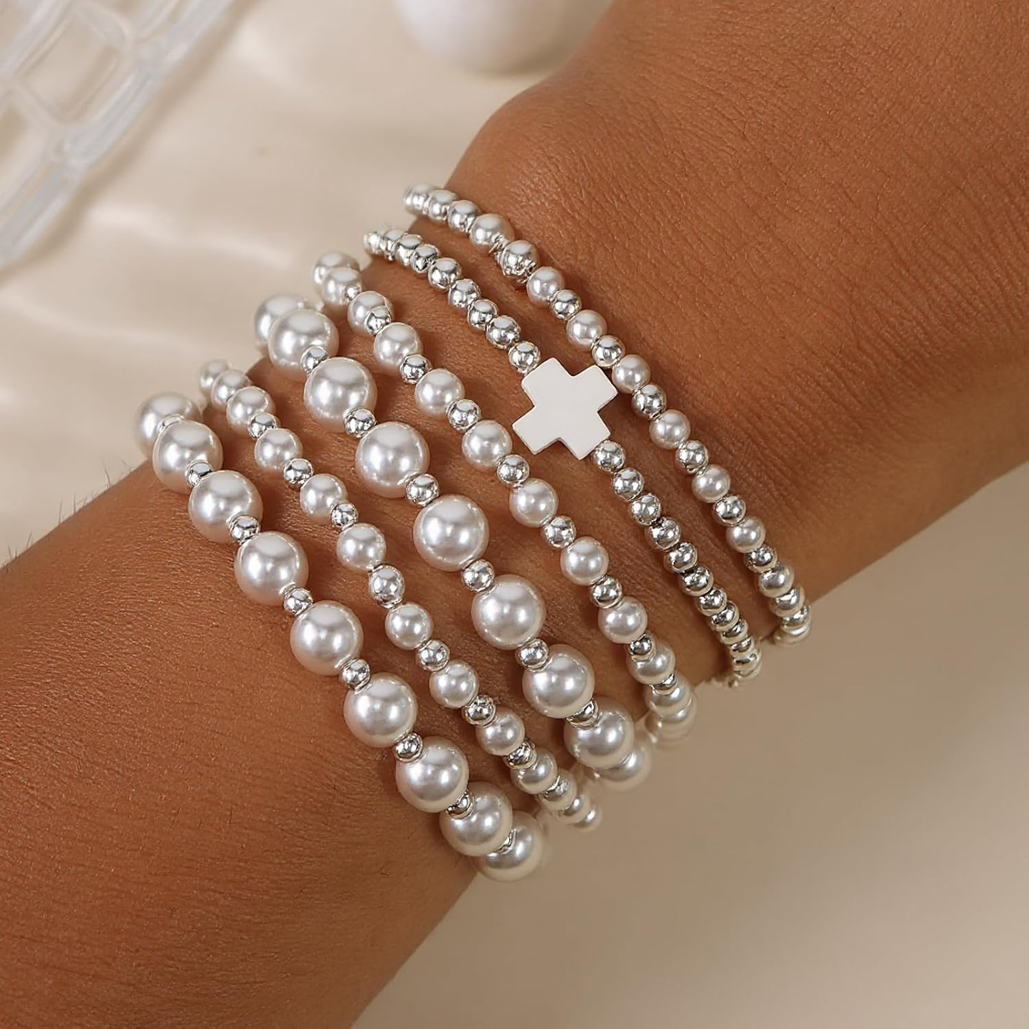 Silver Gold Beaded Bracelets for Women Stackable 14K Gold Plated Beads Ball Cross Bracelet Stack Non Tarnish Elastic Stretch Trendy Jewelry Christian Friendship Christmas Gifts for Women