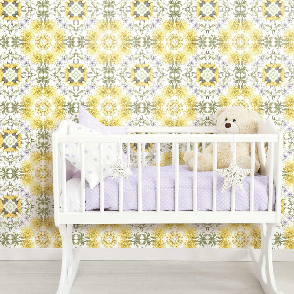RoomMates RMK11459RL Cottage Garden Kaleidoscope Yellow, Green and White Peel and Stick Wallpaper, Yellow/Green, 45.7 x 47.9 cm - Image 2