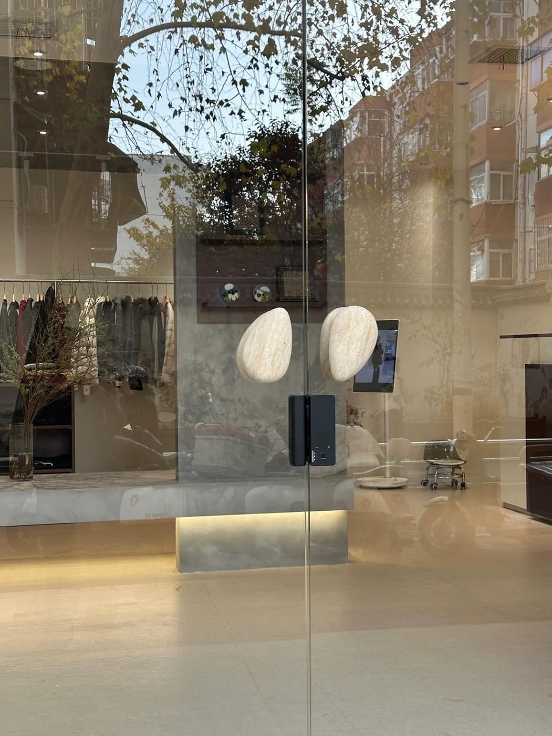 Emily&Sarah Italian Roman Ivory Travertine Door Handle Pair – Through Bolt Floating Matte Finish Pull, Easy to Install | Customizable Styles & Logo Engraving, (Semi-Circular White Hole)