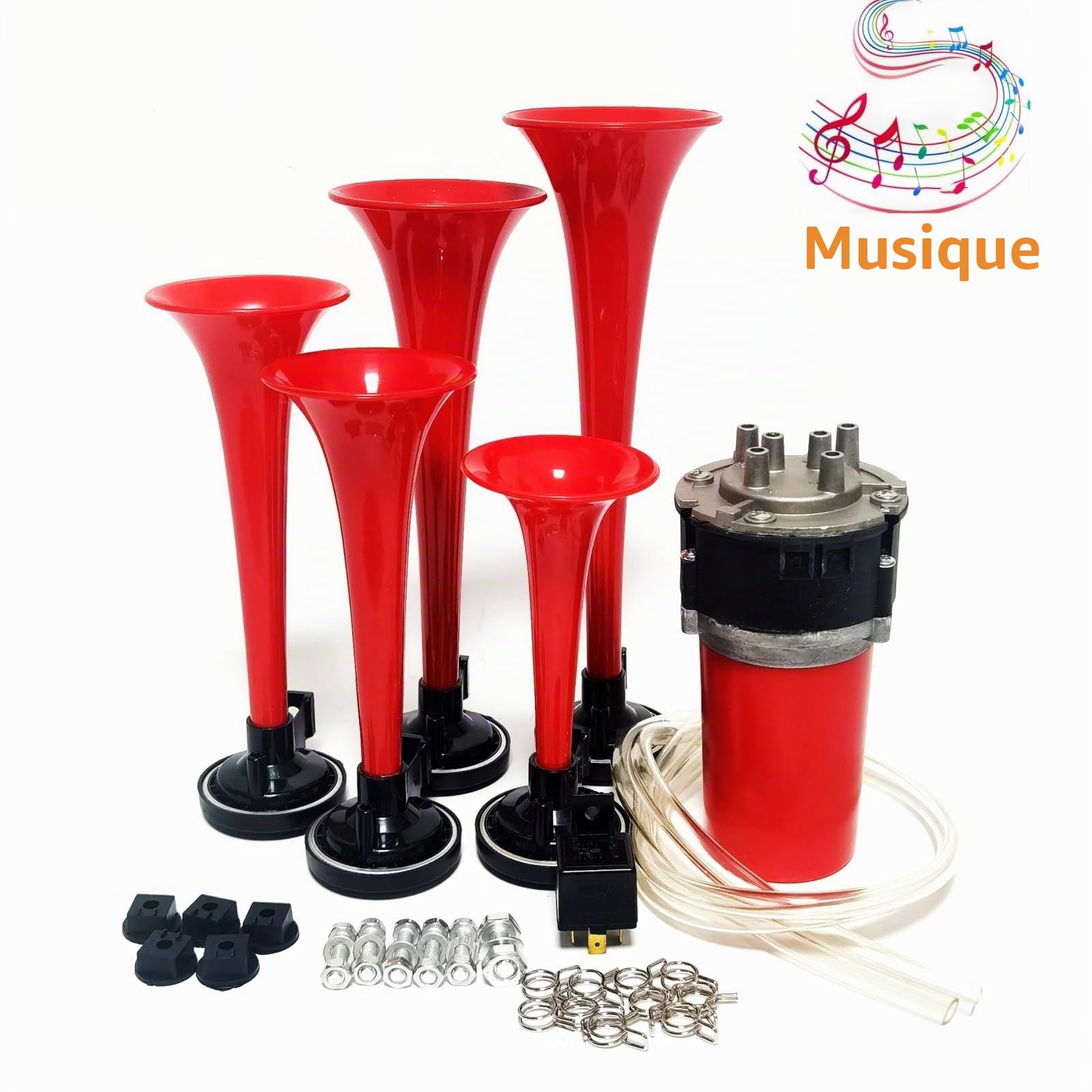 Klaxon à air trompette Klaxon de voiture 12V Air Horn Trompette musicale 165db Corne d'alarme Cinq tubes Dixie rouge étanche avec pompe à air haut-parleur Car Horn pour 12V bateau camion etc