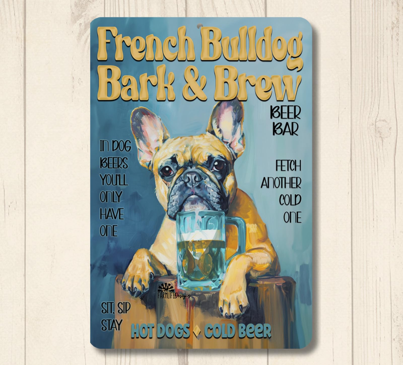 French Bulldog Beer Sign Bark & Brew Bar Pub funny bull dog metal wall art tin home decor