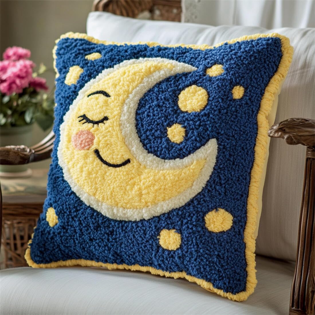 Kitquiver Latch Hook Craft Kits Cartoon Moon DIY Latch Hook Kits Pillowcase Embroidery,Knitting,Gift for Adults/Beginners 17x17In