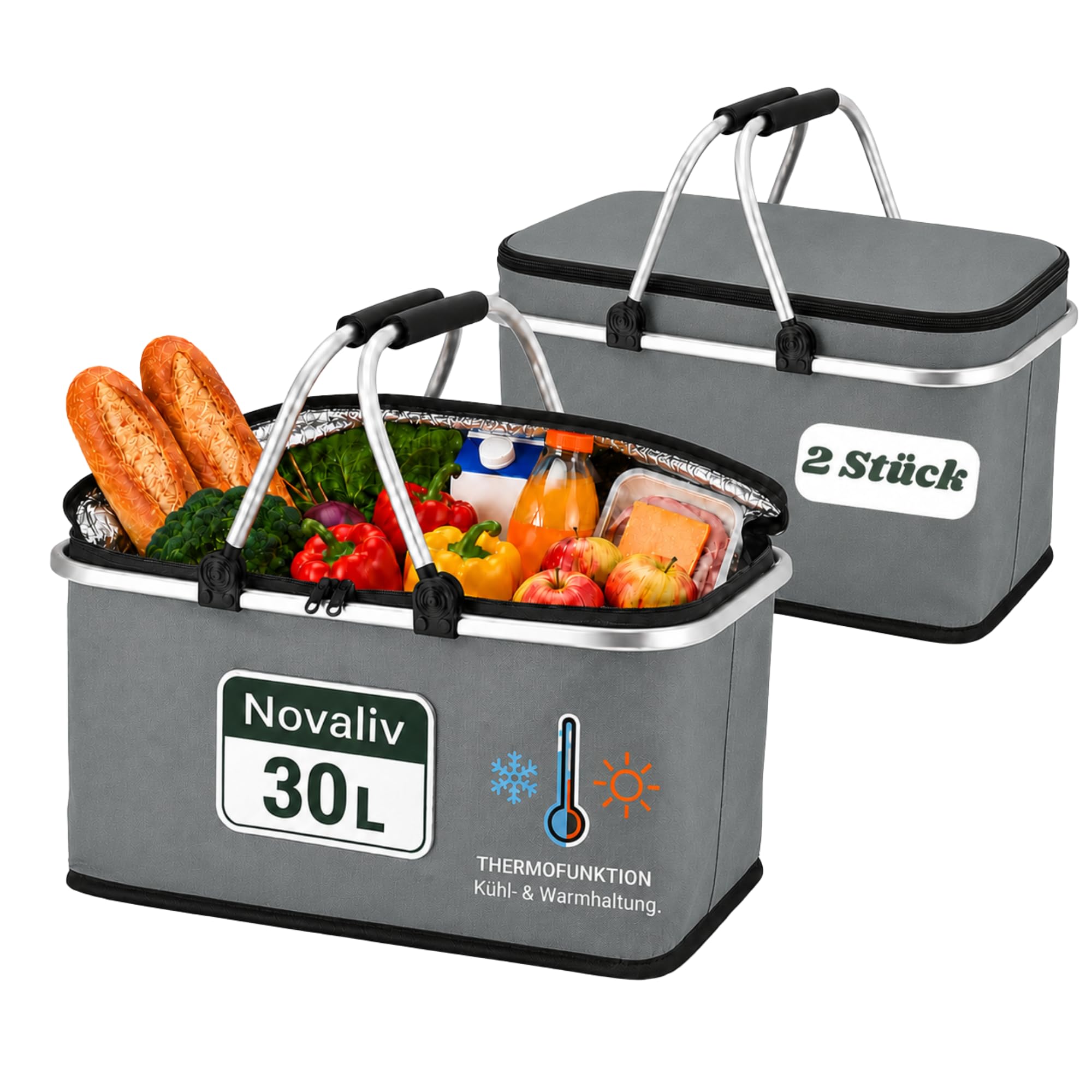 Novaliv Cesta de la compra plegable con función de refrigeración, 30 litros, gris, moderno