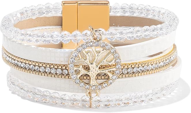 FANCY SHINY Tree of Life Leather Wrap Bracelet Beaded Crystal Bracelet Boho Jewelry Gifts for Women with Magenetic Clasp