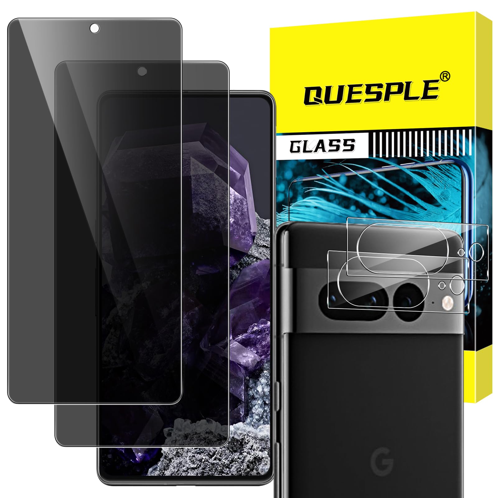 QUESPLE 2+2 Pack Google Pixel 8 Privacy Tempered Glass Screen Protector + Camera Lens Film [9H Hardness][3D Curved] for Google Pixel 8 Glass Screen Protector[Does not support fingerprints]