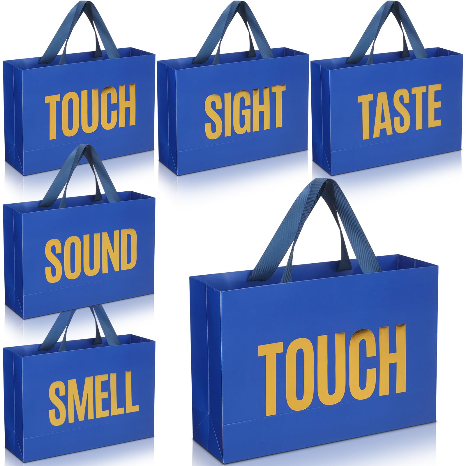 Kolldenn 5 Senses Gift Bags for Him Her Five Senses Gift Bags with Ribbon Handles Portable Paper Birthday Present Wrappings for Wedding Anniversary Party Mothers Day(Navy Blue,15 x 10.6 x 4.7 Inch)