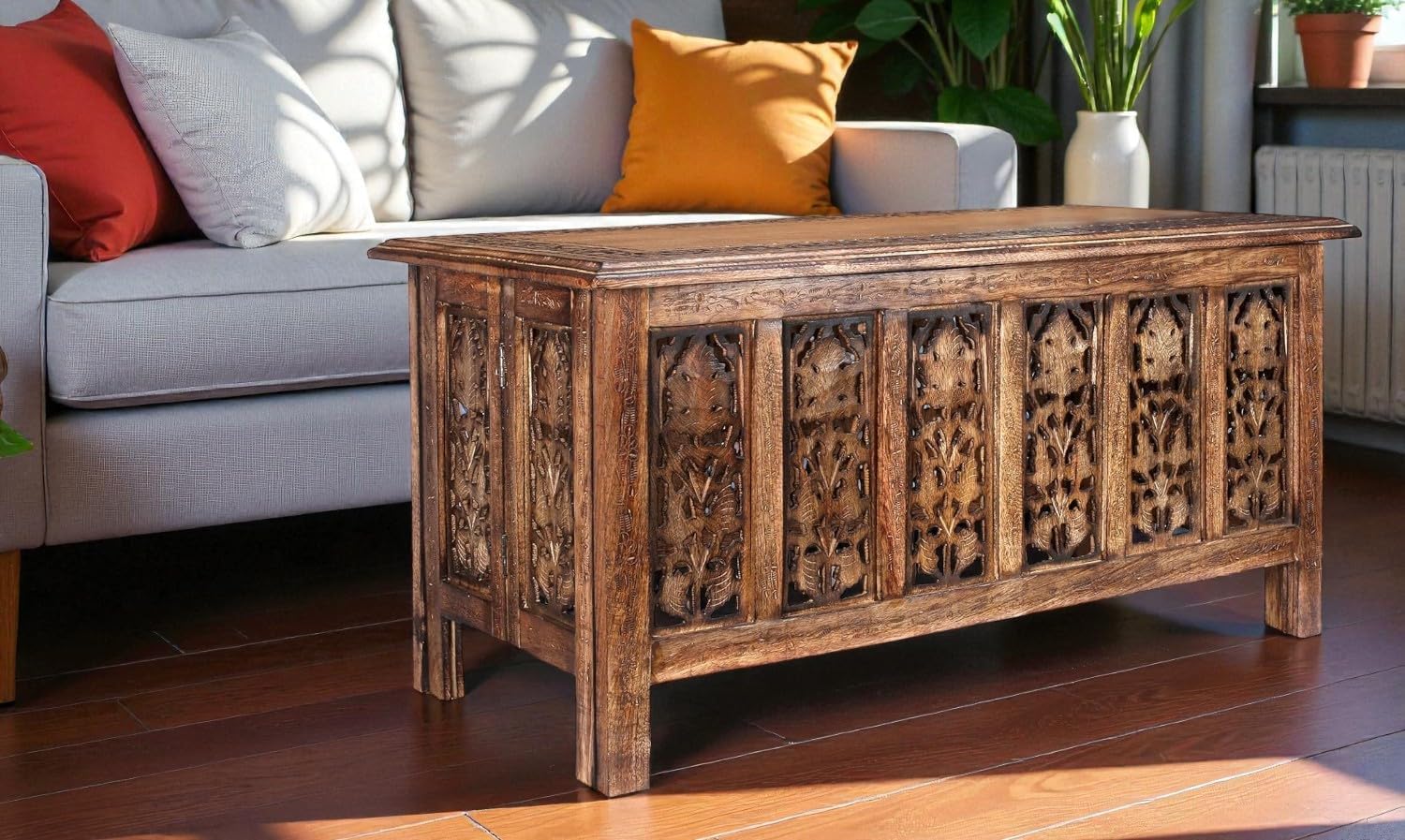 Coffee Table 36x18 Inch – Hand-Carved Solid Wood Center Table, Vintage Burnt Finish Modern Coffee Table for Living Room, Entryway Table for Magazines, Books & Plants