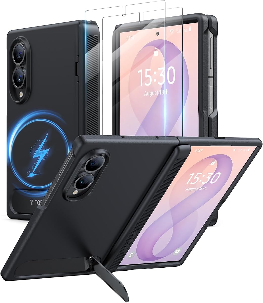 TORRAS for Samsung Galaxy Z Fold 8 Case, Magnetic &amp; Flush Stand, Black | Built-in Kickstand, Compatible with MagSafe, Mil-Grade Hinge Protection Case for Galaxy Z Fold 8 Wide, 2 Screen Protectors