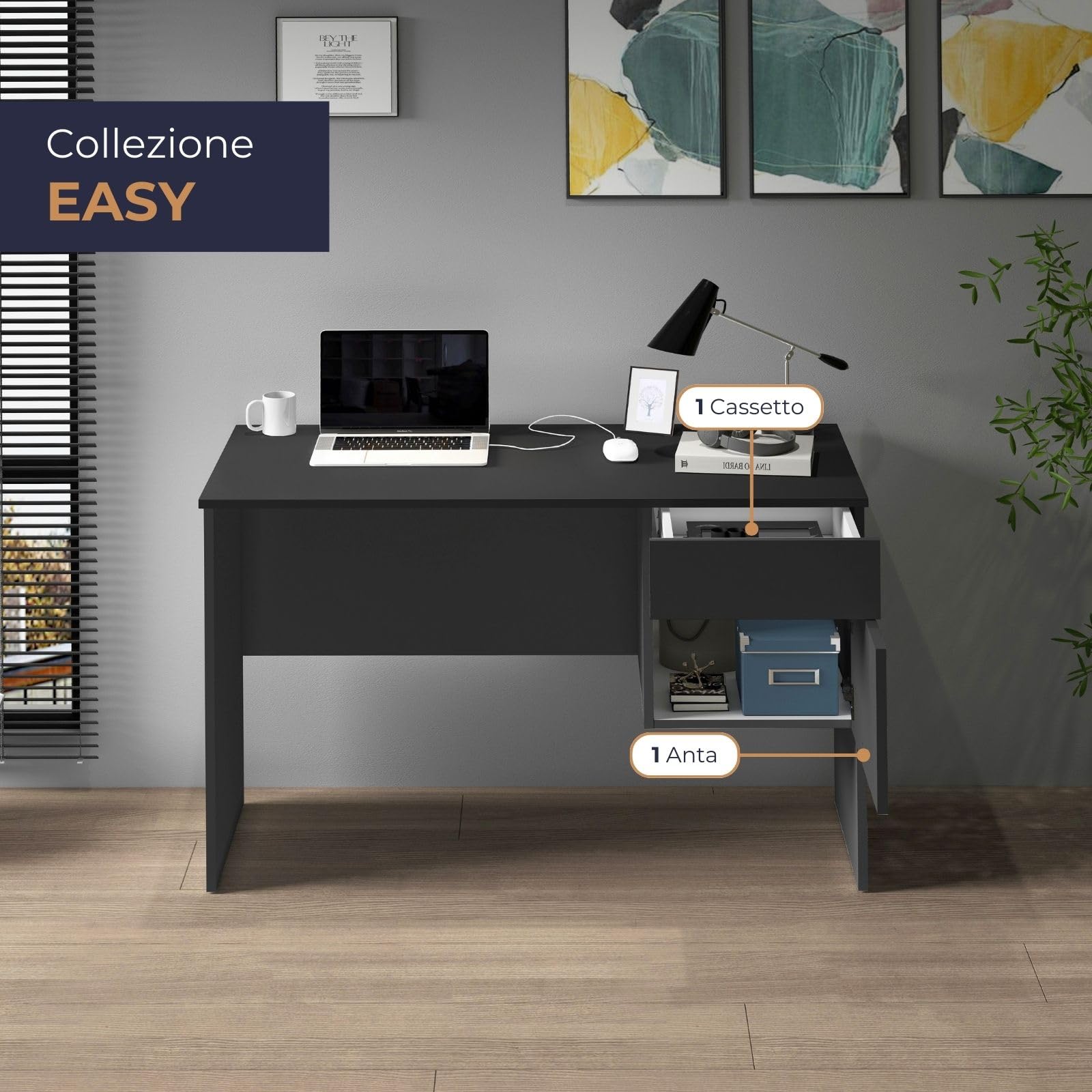 WHOUS Scrivania EASY per Ufficio, Studio o Camera con 1 Cassetto e 1 Anta, Ideale per Adulti e Bambini, 110x50x75 cm, Antracite Opaco