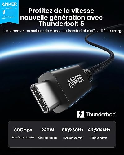 Anker Prime Thunderbolt 5 Cable, 3.3 FT USB C to USB-C Cable, 240W Charging, 80Gbps Data Transfer, 8K/4K Displays, for MacBook Pro, iPhone 17/16/15, iPad Pro,and More - 2