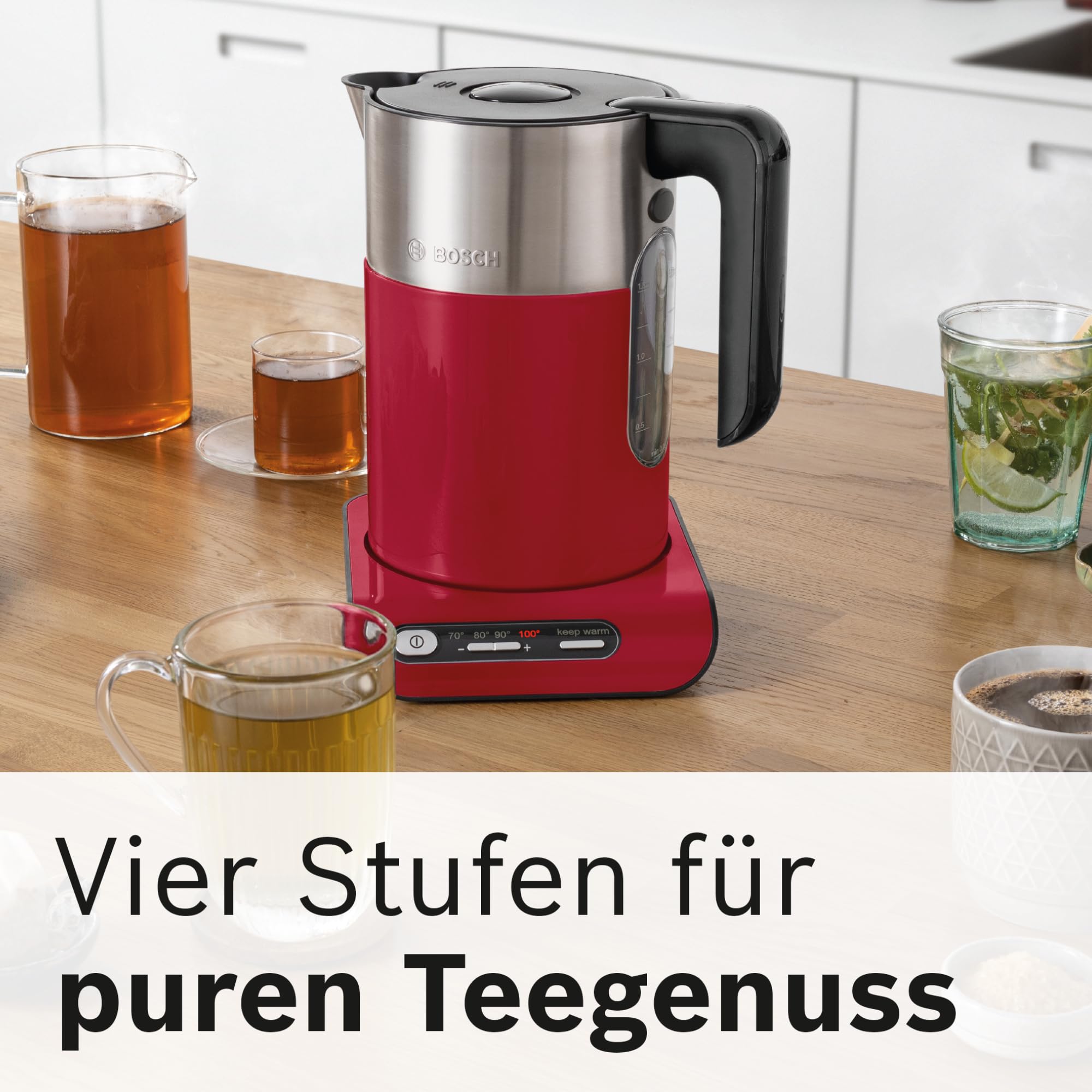 Bosch Wasserkocher Styline TWK8614P, Abschaltautomatik, Überhitzungsschutz, Temperaturwahl, Warmhaltefunktion, 1,5 L, 2400 W, rot