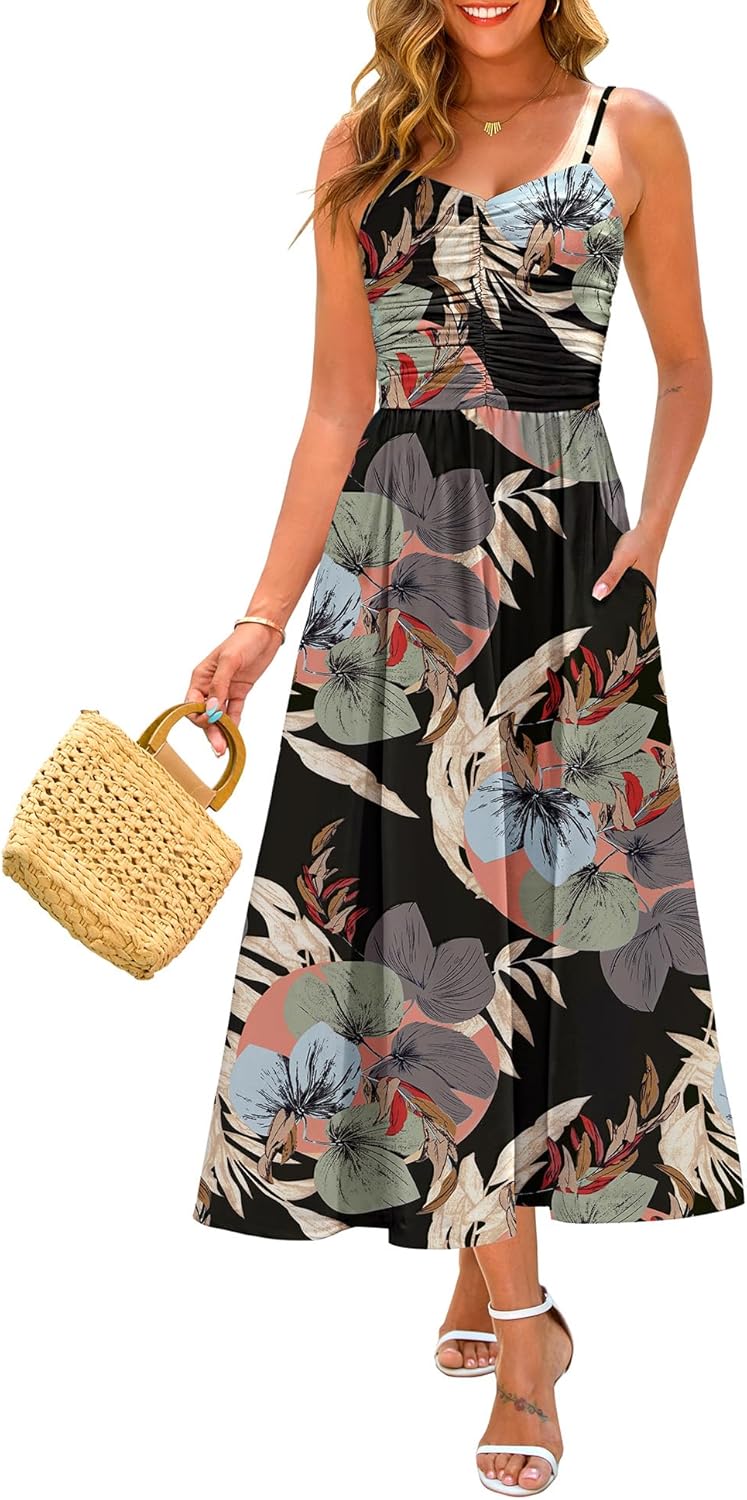 Annebouti Women 2026 Summer Spring Ruched Maxi Dress Adjustable Spaghetti Strap Floral Beach Long Sundress with Pockets