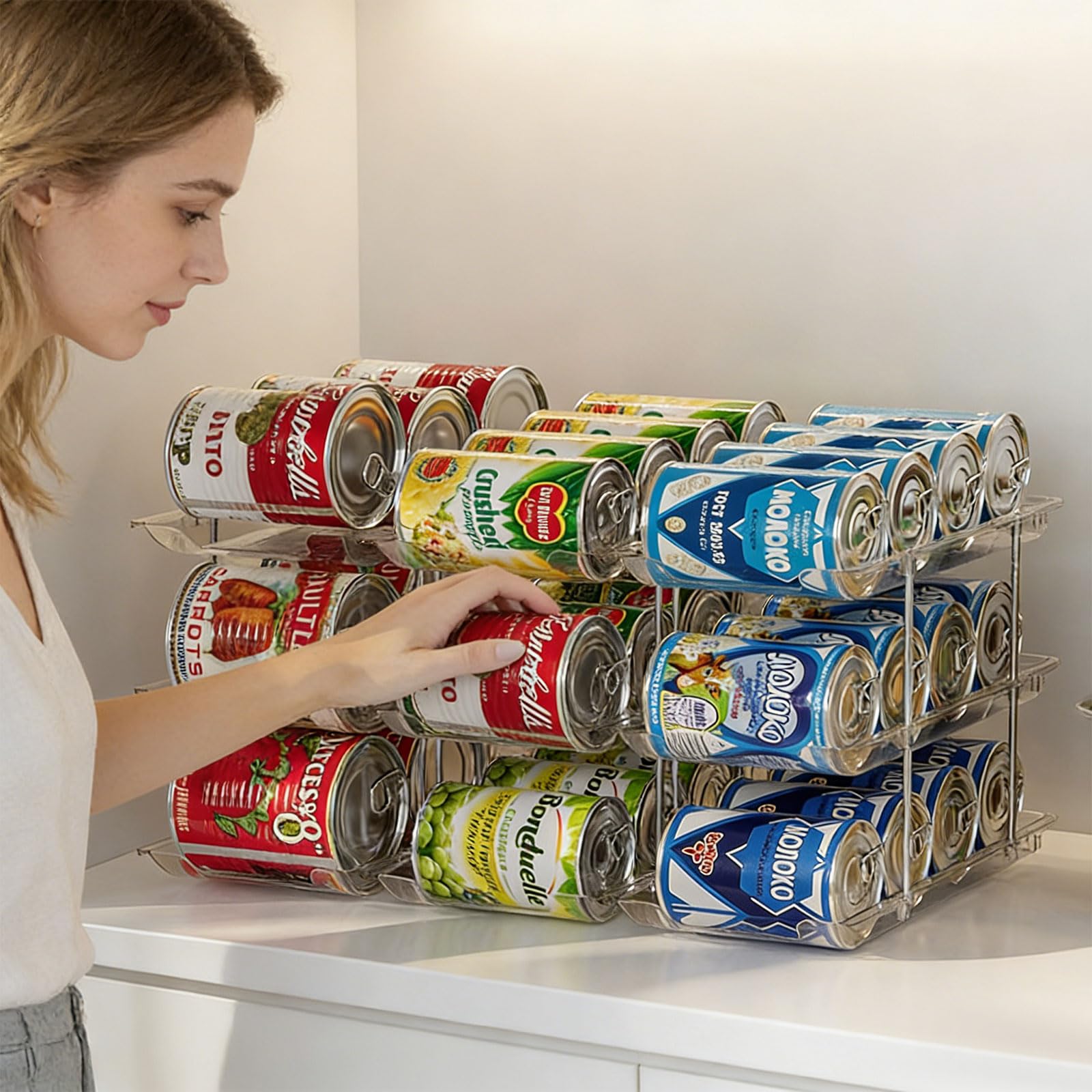 Organizadores de latas apilables de 3 Niveles para Contener hasta 36 latas con Sistemas de Enrollado automático y diseños Que ahorran Espacio Dispensador de latas de