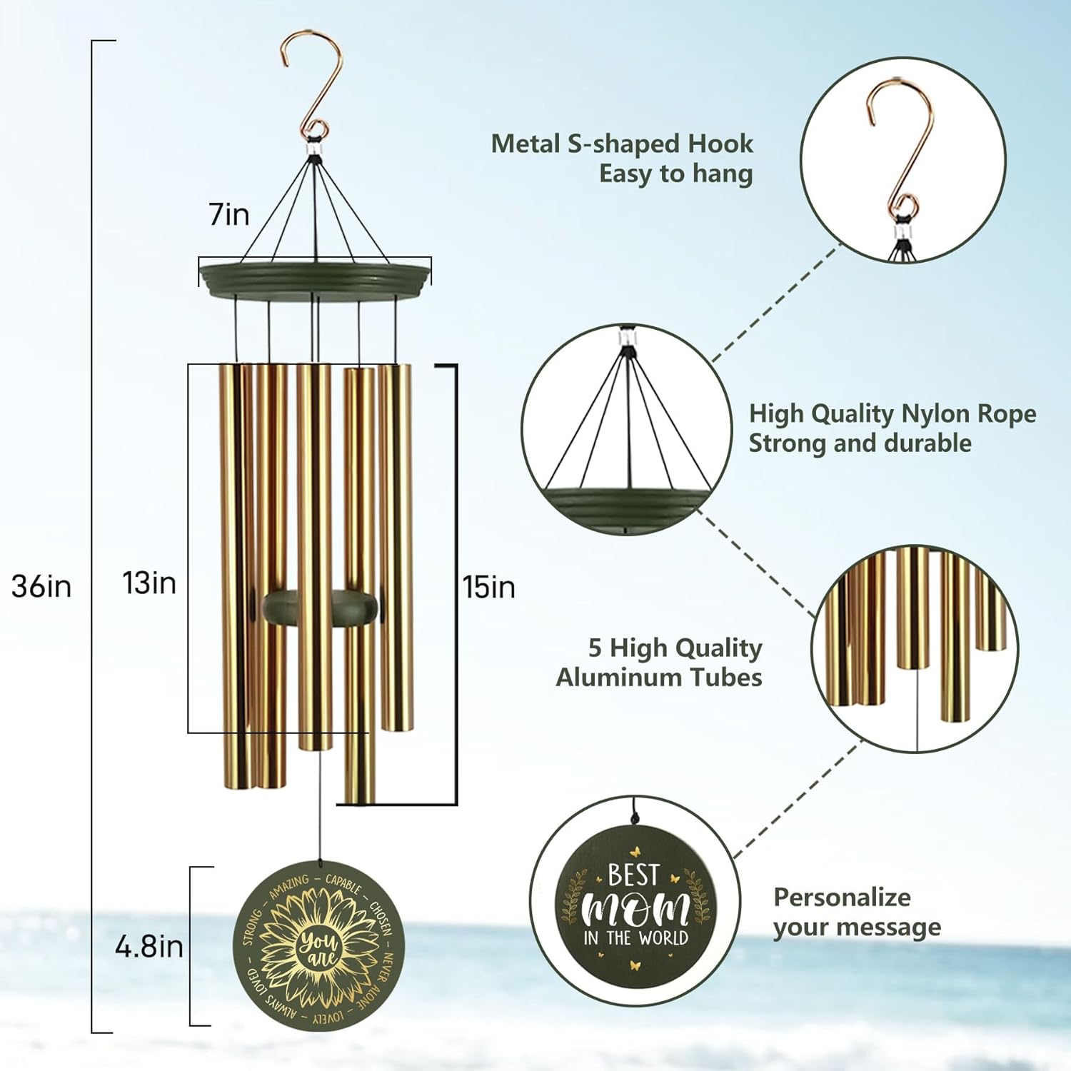 ASTARIN Mothers Day for Mom Gifts from Daughter Son, Sunflower Custom Wind Chimes Gifts for Best Mom Women, Birthday Gift for Mother from Husband/Dad, 30/36 in Windchime