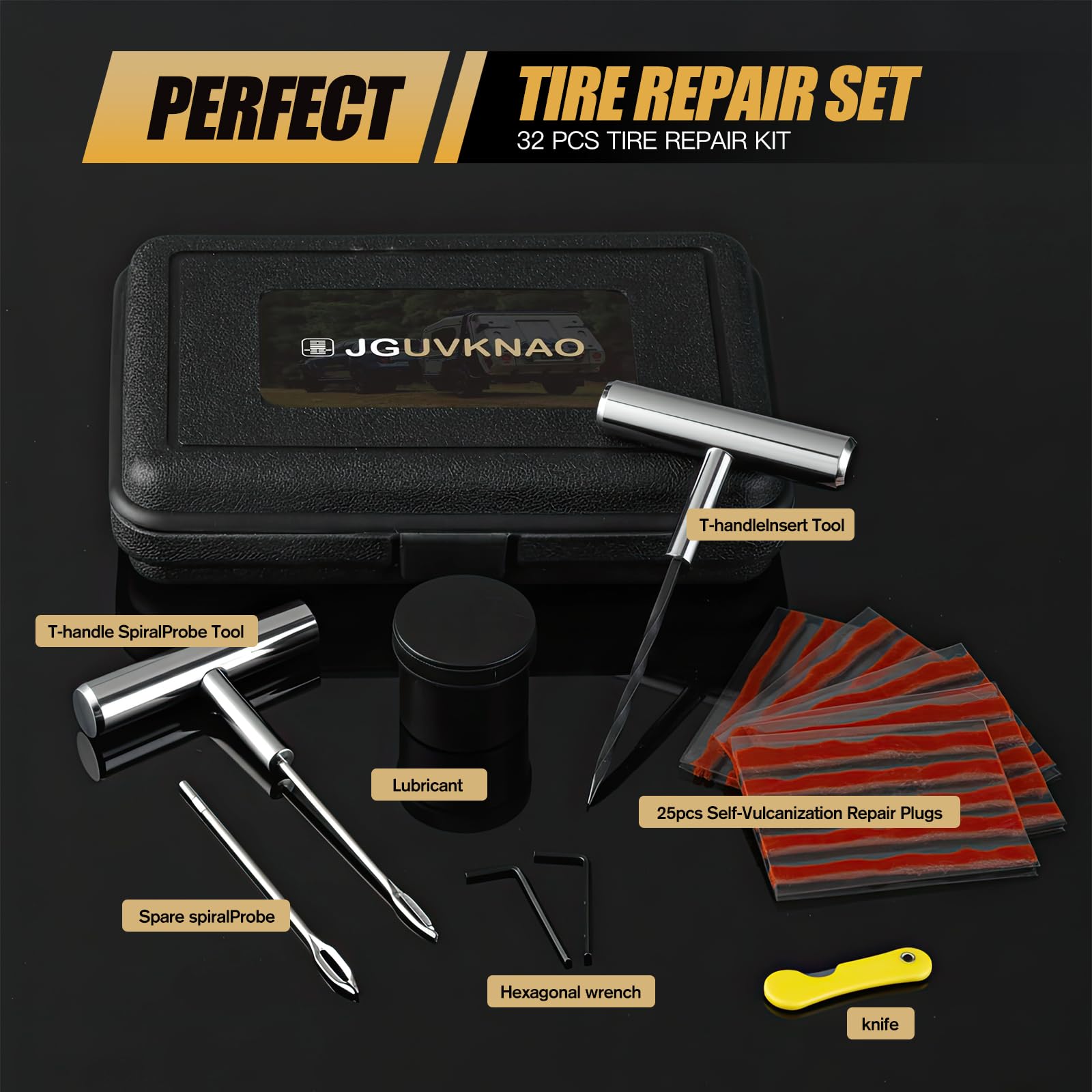 Kit de tapones para neumáticos, kit de reparación de neumáticos de alta resistencia con 2 herramientas de inserción de mango en T de metal resistente para coche, camión, motocicleta, ATV