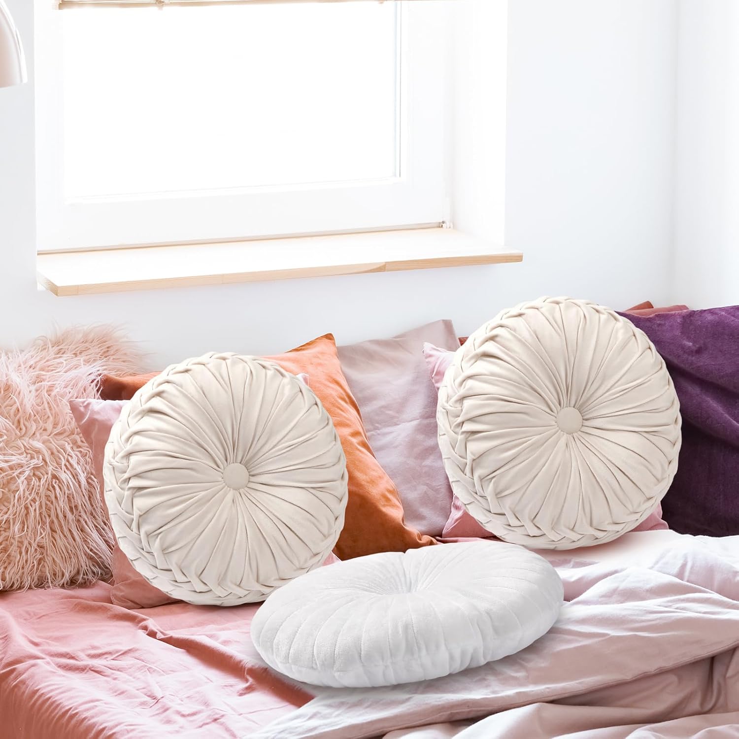3 Pcs Round Throw Velvet Pillows Classy Accent Pumpkin Throw Pillows 15 Inch Decorative Cushion for Couch Chair Bed Car, 2 Styles (White) - Image 7