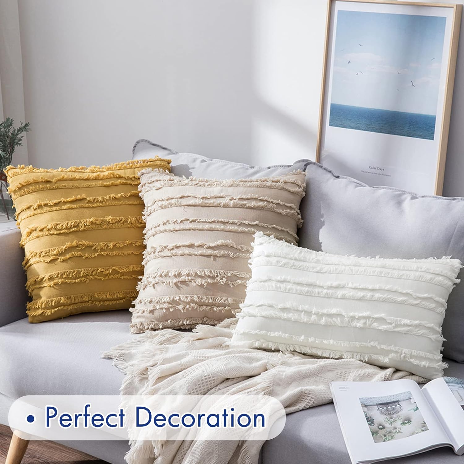 MIULEE Set of 2 Boho Throw Pillow Covers Blend Throw Pillow Inserts for Sofa Bedroom Living Room 18 x 18 Inch 45 x 45 cm White