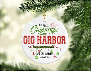 Christmas Decorations Tree Ornament 2022 - Gifts Hometown State - Merry Christmas Gig Harbor Washington - Gift for Family Rustic 1St Xmas Tree in Our New Home 3 Inches White