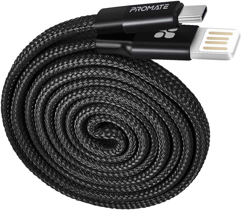Promate Coiline-C Auto-Coiling USB-C Cable, Premium Fabric Braided Aluminium Alloy Reversible USB-A to Type-C Cable With 2A Fast Charge and Sync 1.2 Meter Cord, Coiline-C (Black)