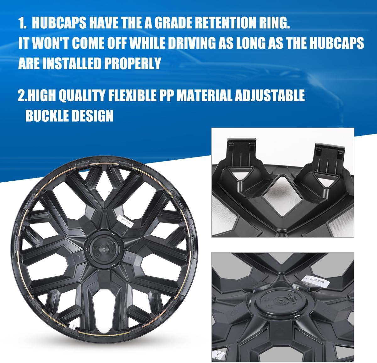 CPW 15’’ Universal Hubcaps for Steel Wheel Rims Cover Snap On Car Truck SUV Car Accessories PP Material Replacement Hub Caps Set of 4 (15 Inch Black Lacquer)