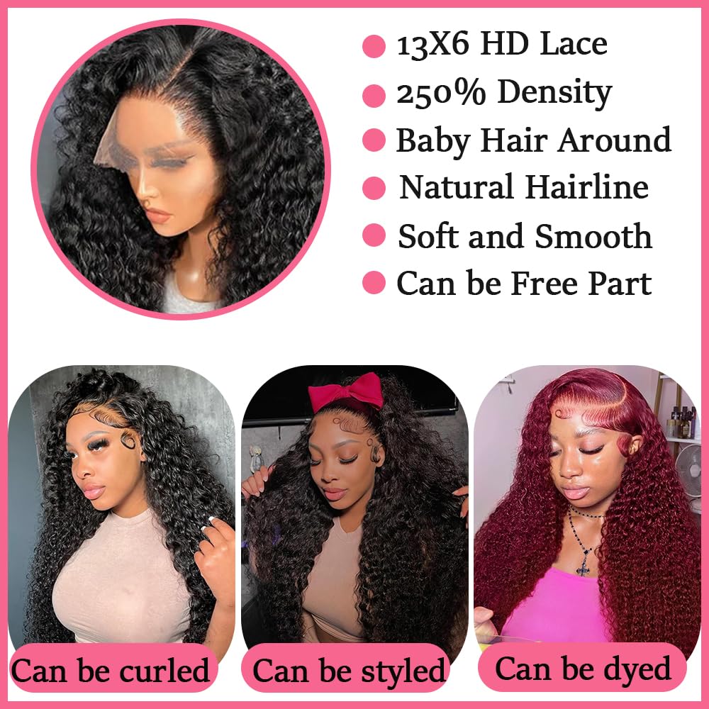 34 Inch 250% Density 13x6 Deep Wave Lace Front Wigs Human Hair Curly HD Lace Front Human Hair Wig Pre Plucked 100% Real Human Hair No Synthetic Blend No Tangle No Shedding Triple Lifespan 3X