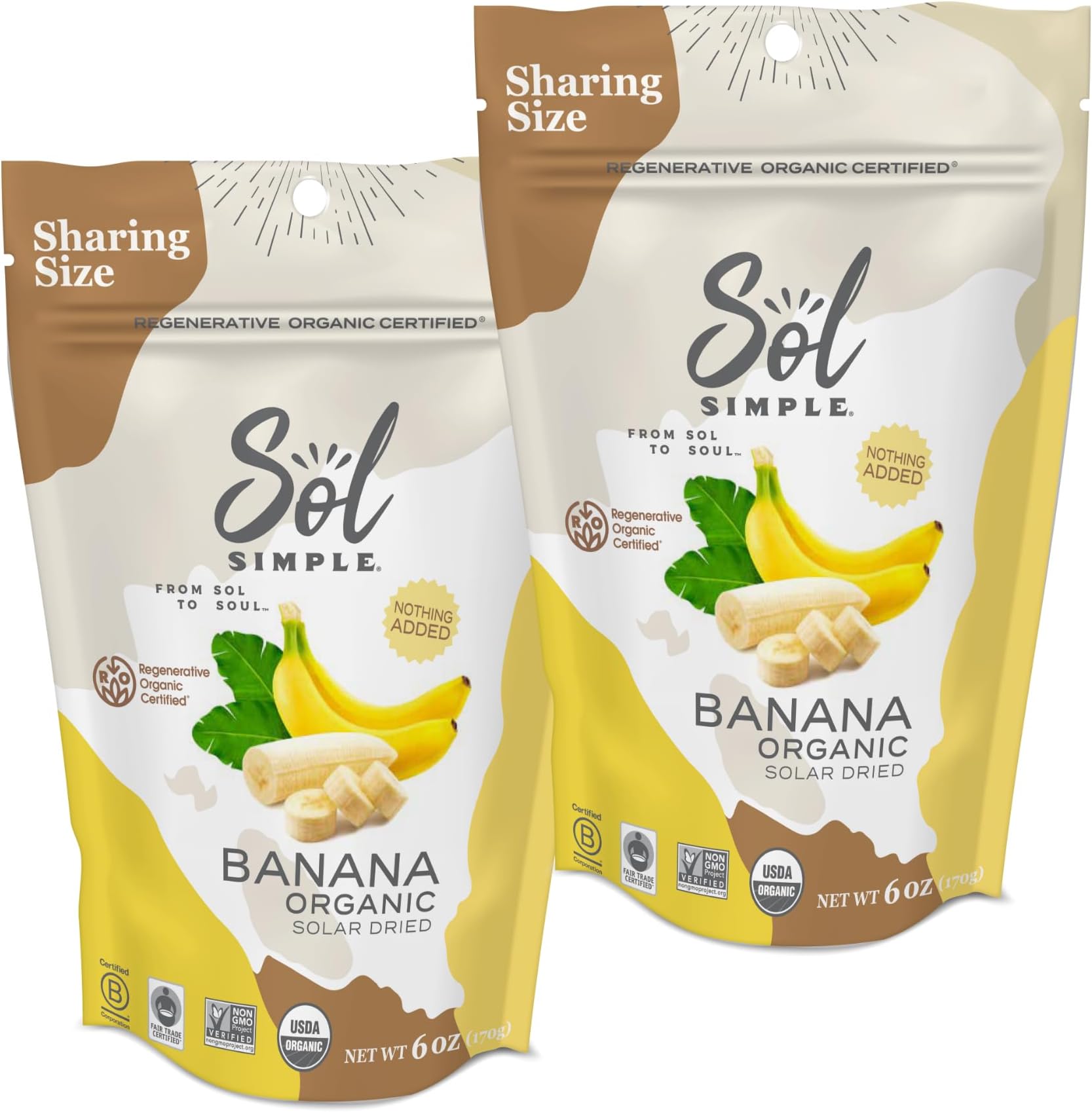 - SOL SIMPLE Regenerative Organic Certified, Dried Banana | 6oz Snack Pack (2 Bags Total) | One Ingredient | Vegan | Non-GMO | No Added Sugar | Fair Trade | Dried Fruit | Organic