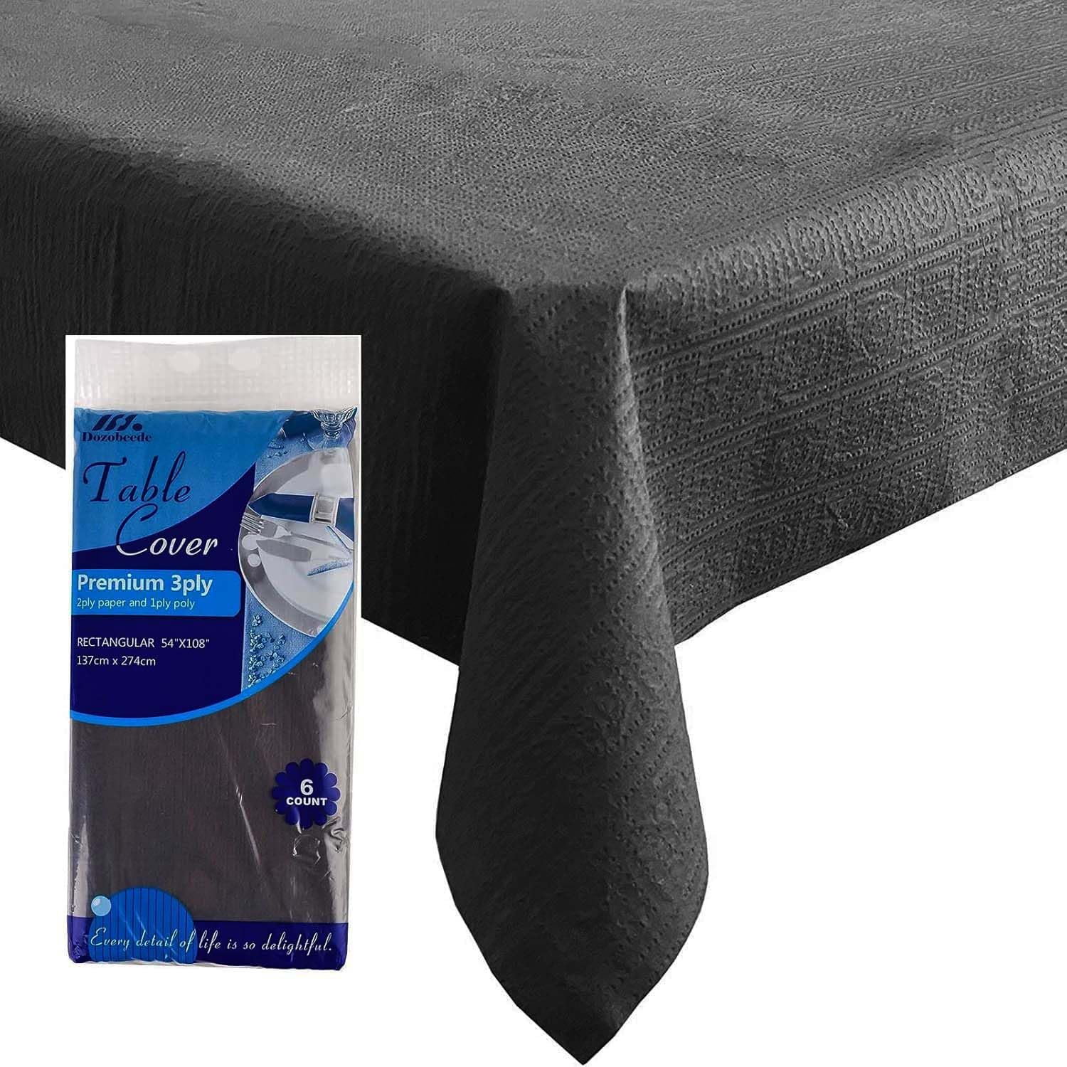 Photo 1 of [6 Pack] Black Paper Tablecloth Disposable for Rectangle Tables, 54 X 108 Inch Party Table Cover with Plastic Backing, Waterproof 3 Ply Table Cloth for Halloween Graduation Banquet