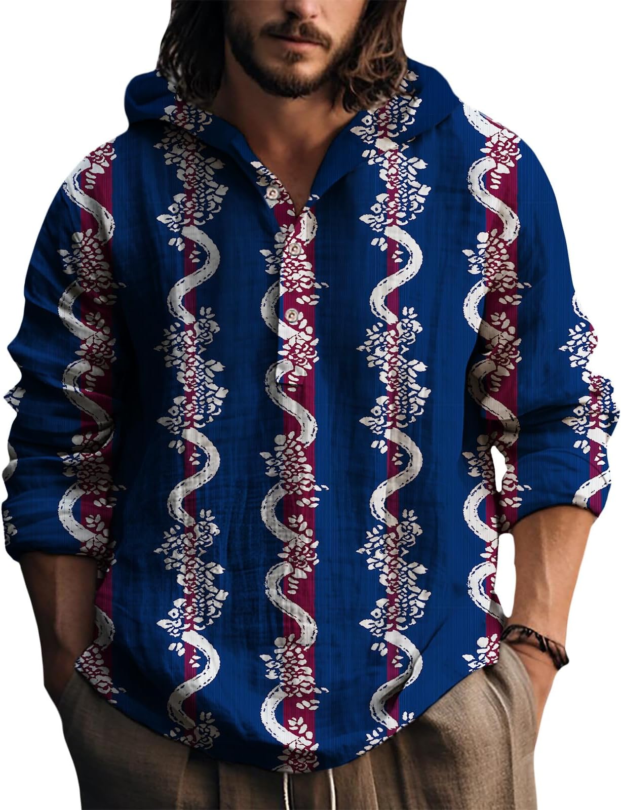 - Men's Cloud Print Hooded Long Sleeve Henley Neck Button Down Lightweight Fashion Casual Loose Fit Beach Shirt