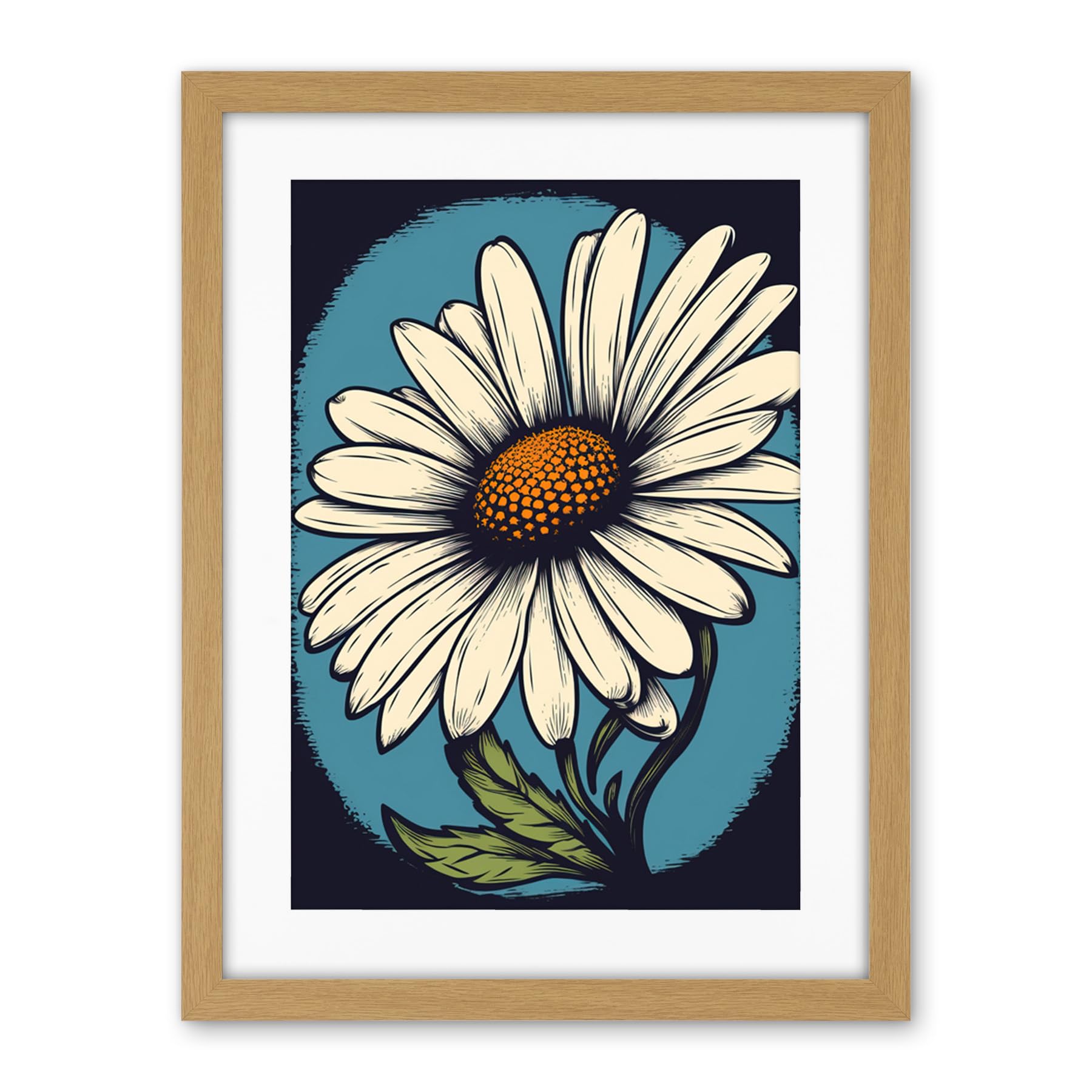 Artery8 A Single Daisy Flower Bloom Bold Rockabilly Americana 50s Artwork Framed Wall Art Print 18X24 Inch