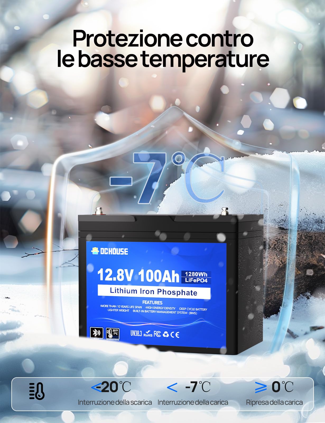 DCHOUSE Batteria Litio 12V 100AH Bluetooth con Protezione 100A BMS e a Bassa Temperatura, Batteria Lifepo4 per motori elettrici, Caravan, Campeggio, Sistemi solare