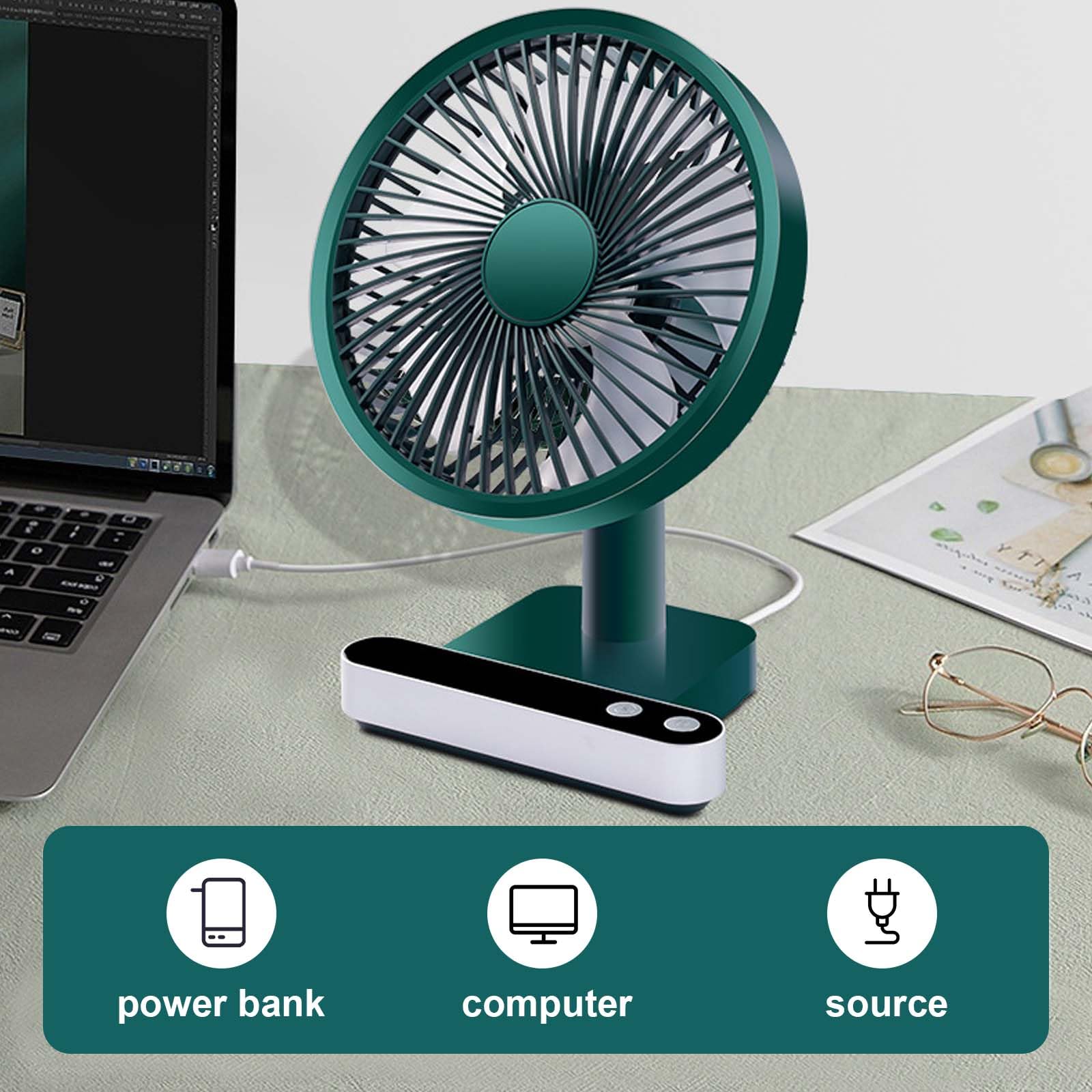 6.7 Inch Mini Ventilatori da Tavolo Portatile, Scrivania di 5000mAh Ricaricabile, 4 Velocità, 180° Rotazione Automatica, Ventilatore Silenzioso con Cavo USB, Per Ufficio, Soggiorno, Viaggi (Verde)