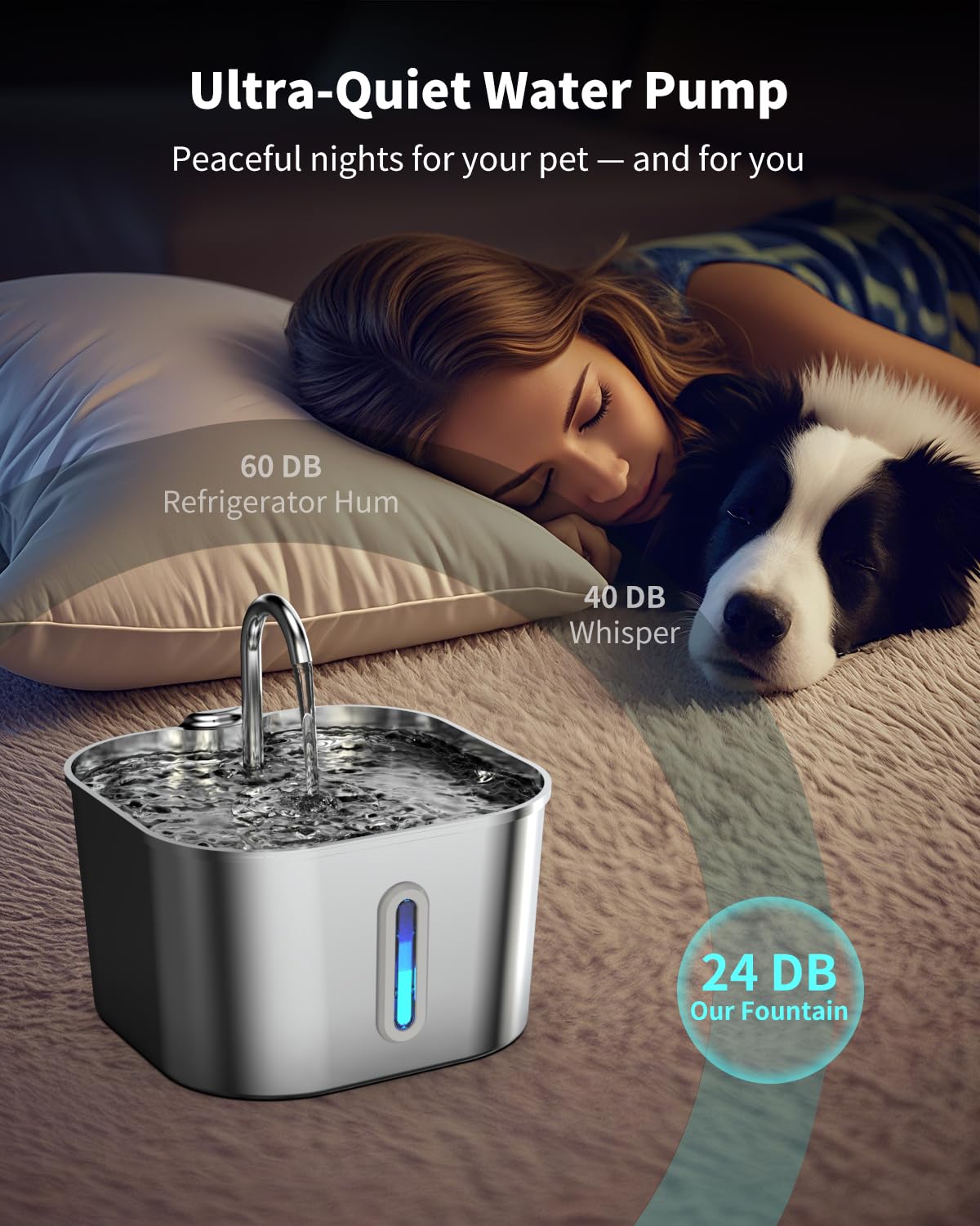 Fuente de agua para gatos de acero inoxidable, 74 onzas/2.2 L fuente para gatos con bomba silenciosa, dispensador automático de agua para mascotas, ideal para hogares con múltiples mascotas, agua