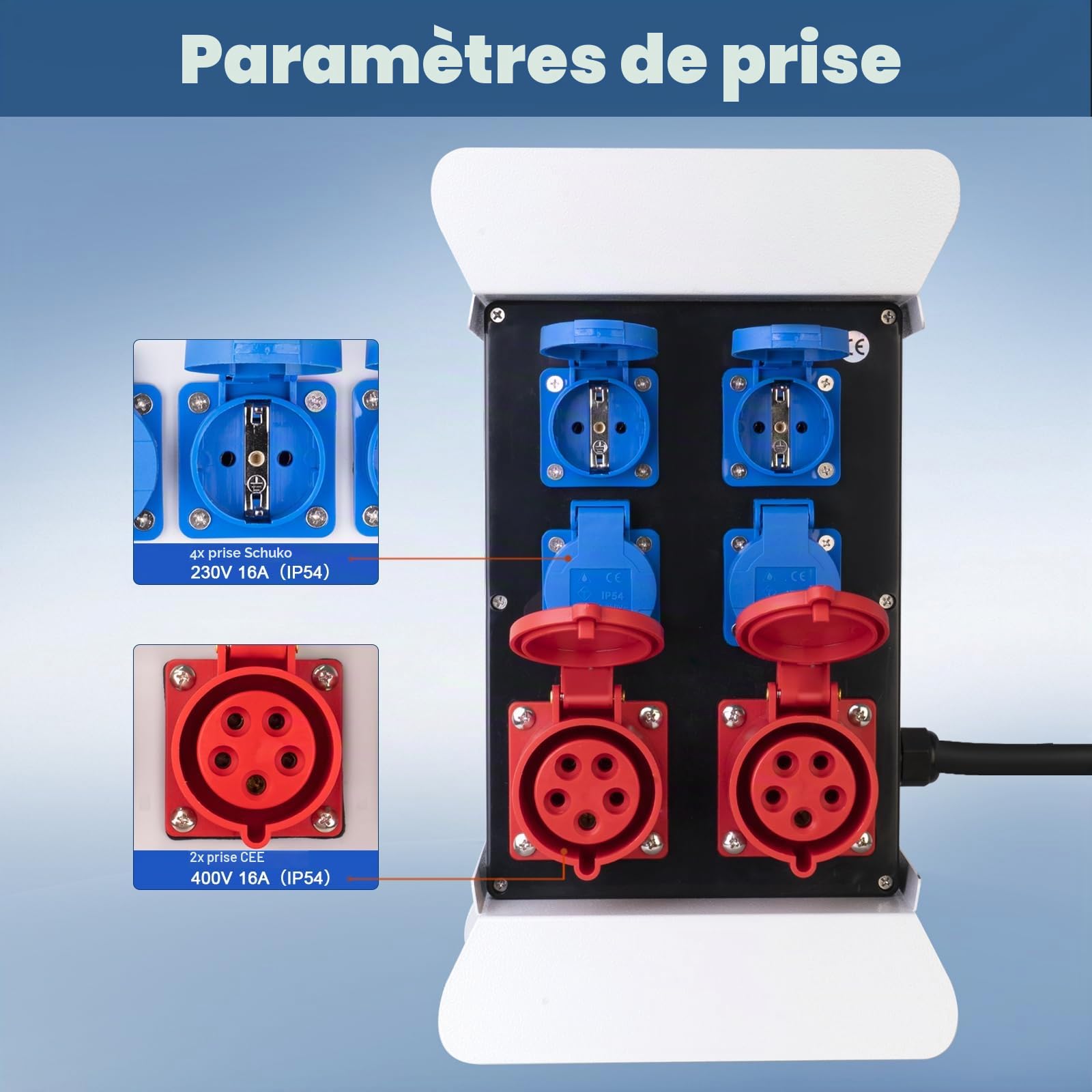 Répartiteur de courant portable avec fiche CEE 400 V/16 A/5 broches – Répartiteur de courant de chantier avec 4 prises Schuko 230 V/16 A et 2 prises CEE 400 V/16 A – Répartiteur de courant