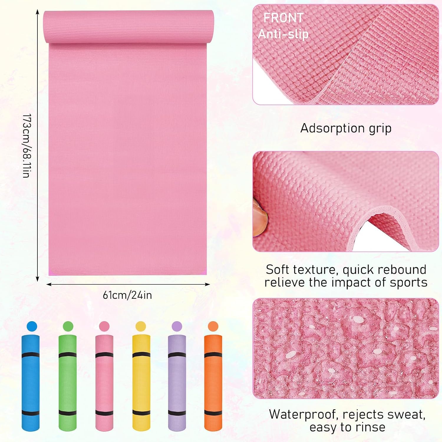 Lot de 6 tapis de yoga en vrac avec 6 sangles de transport, 173 x 61 x 0,4 cm, tapis de yoga antidérapant pour entraînement, étirements