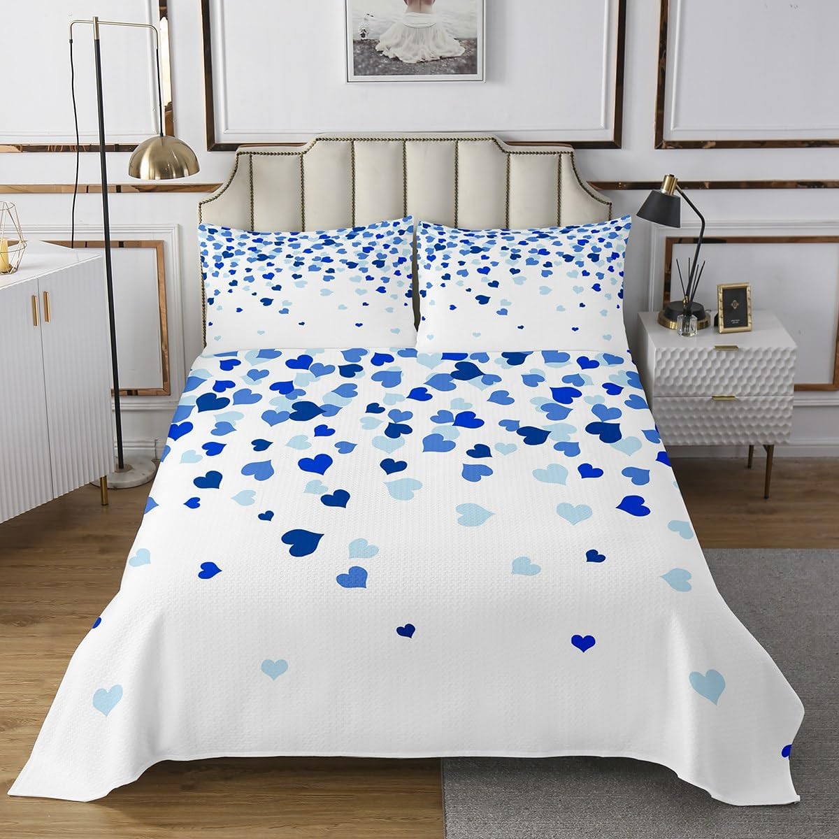 jejeloiu Blue Heart Love Pattern Bedspread Queen Size Heart Shape Coverlet Set for Kids Romantic Love Dreamy Girly Quilted Coverlet Women Men Teens Decor All Season